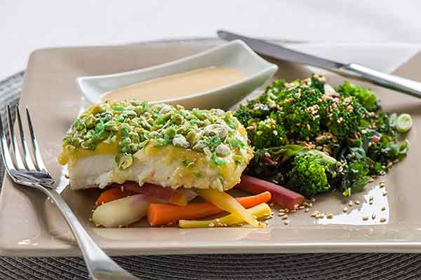 Wasabi Crusted Halibut With Spinach & Chard Gomae