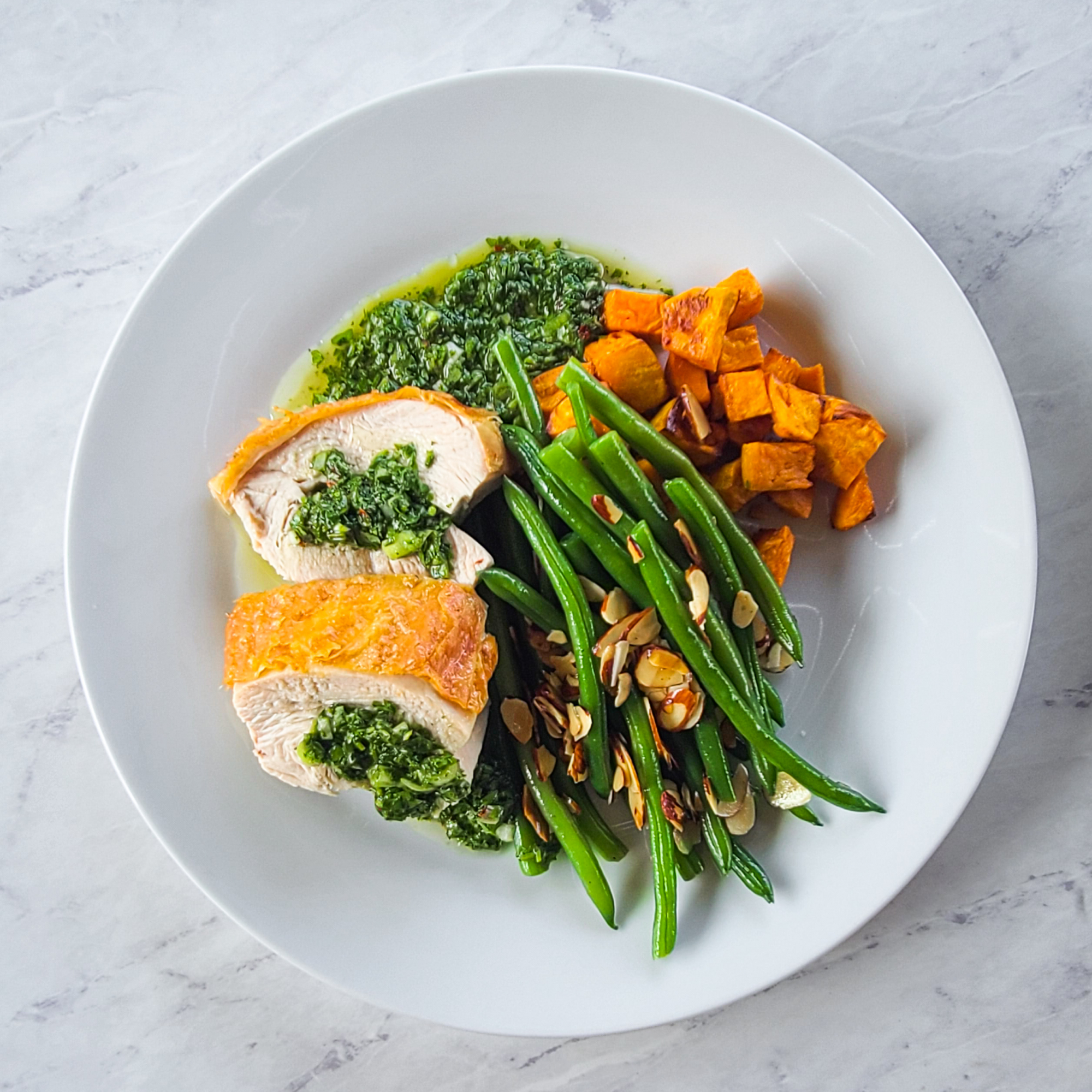 Roasted Turkey Breast with Chimichurri, Roasted Yams, and Green Beans Amandine