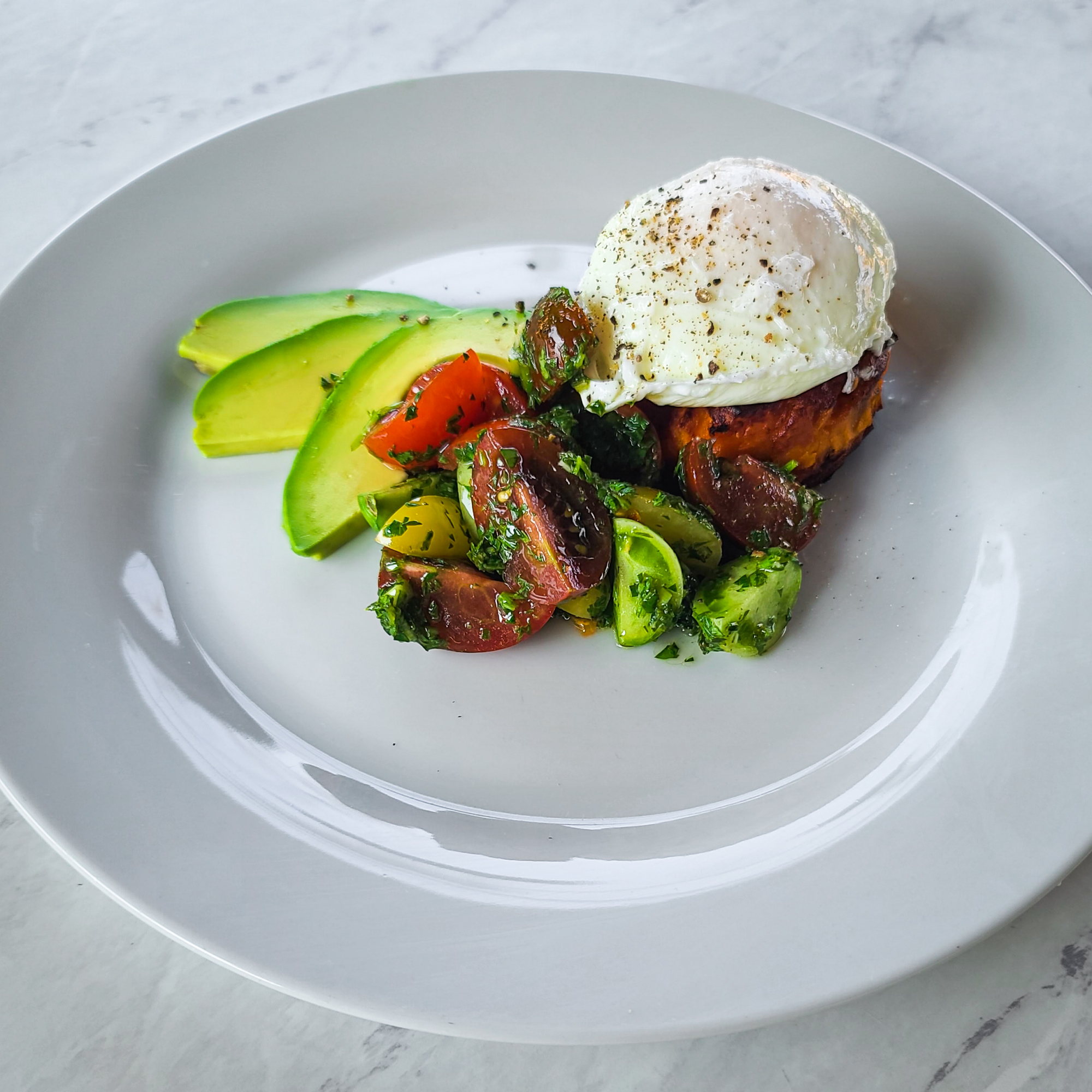 Yam Pancake with Poached Egg, Avocado, & Salsa