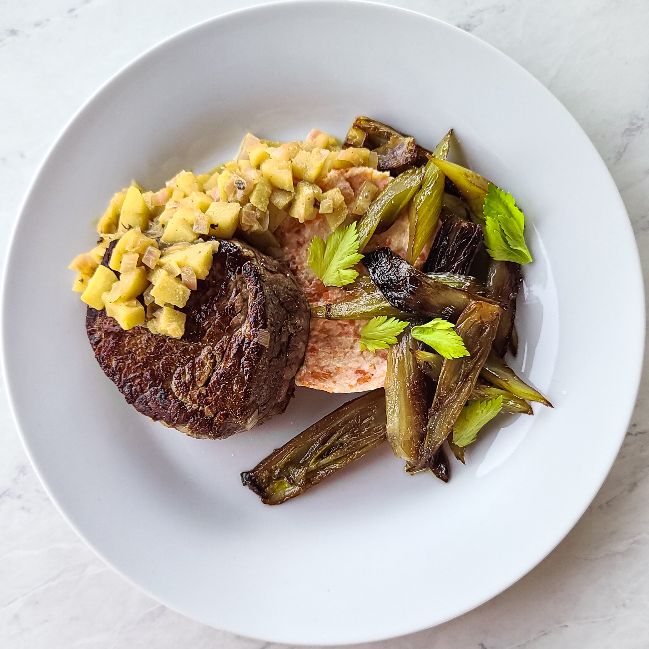 Filet with Pan Apple Chutney, Carrot Parsnip Mash & Braised Endive & Celery