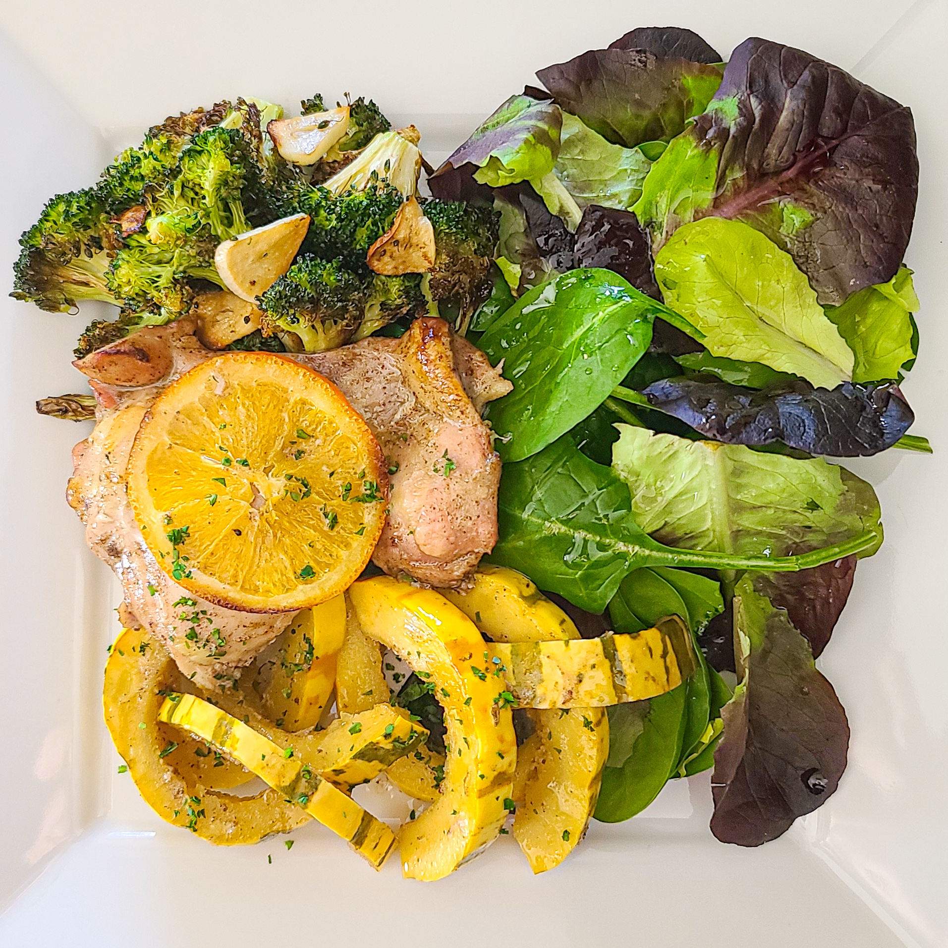 Spiced Orange Roasted Chicken with Delicata Squash & Garlic Roasted Broccoli