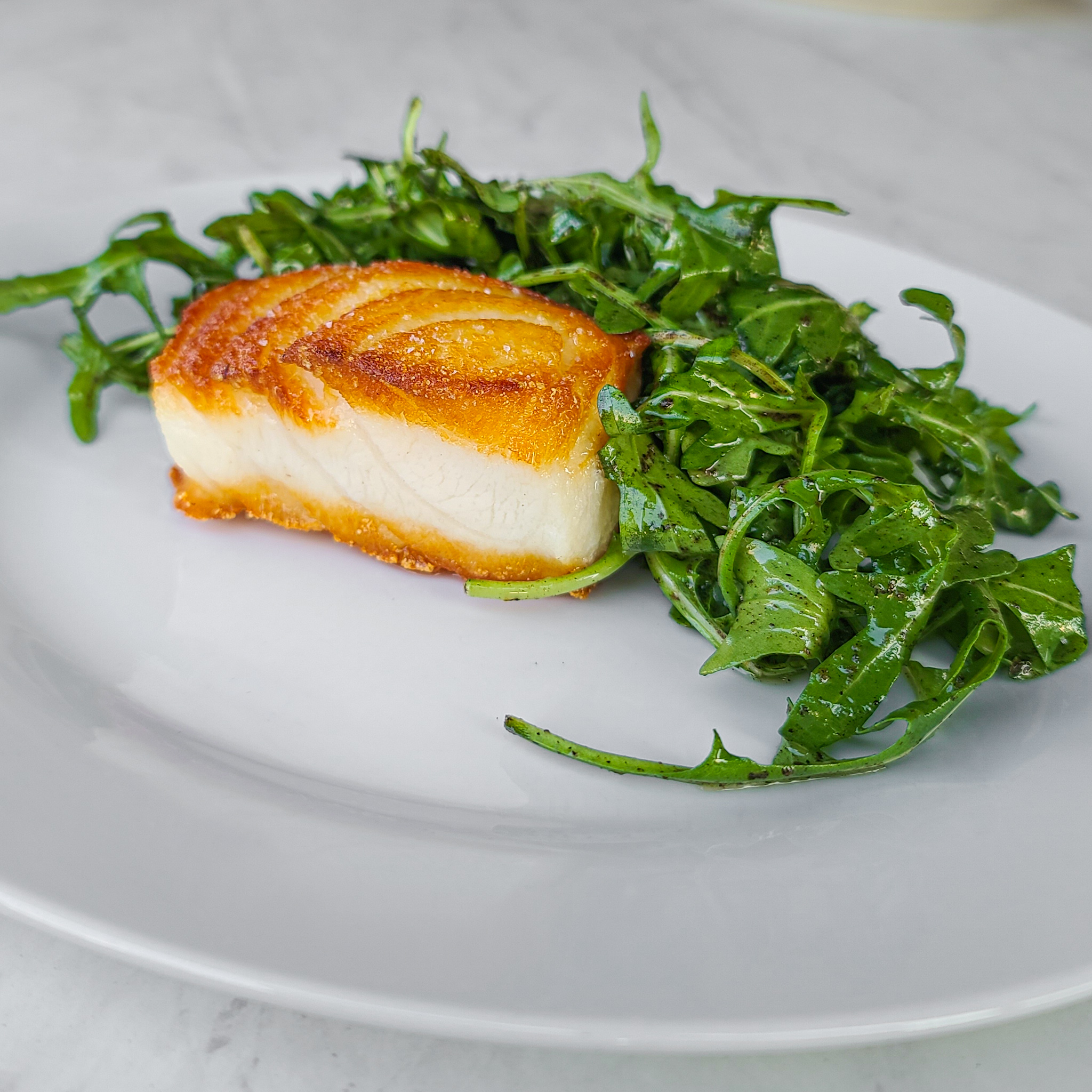 Pan Seared Cod with Arugula & Charred Scallion Vinaigrette