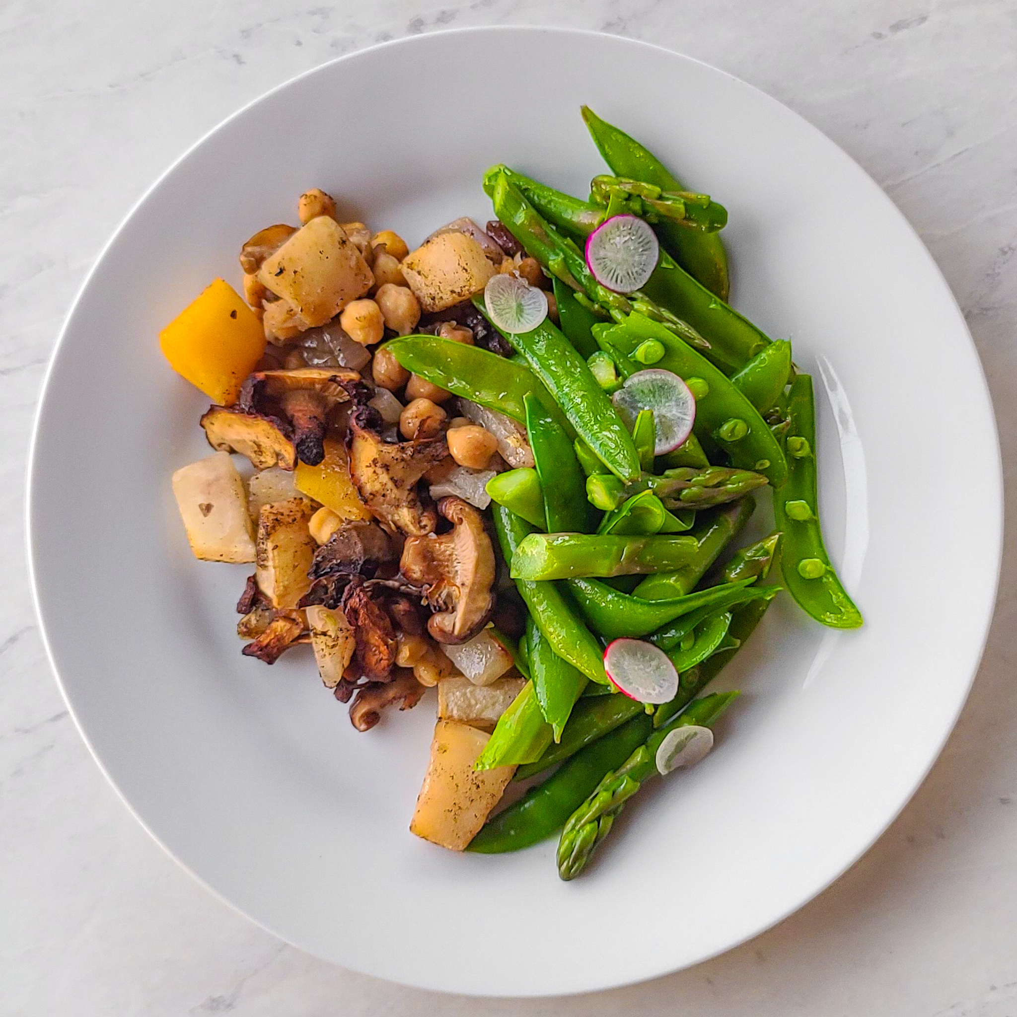 Chickpeas & Mushrooms with Charred Scallion Vinaigrette Over Roasted Shallots & Turnips with Sautéed Spring Vegetables