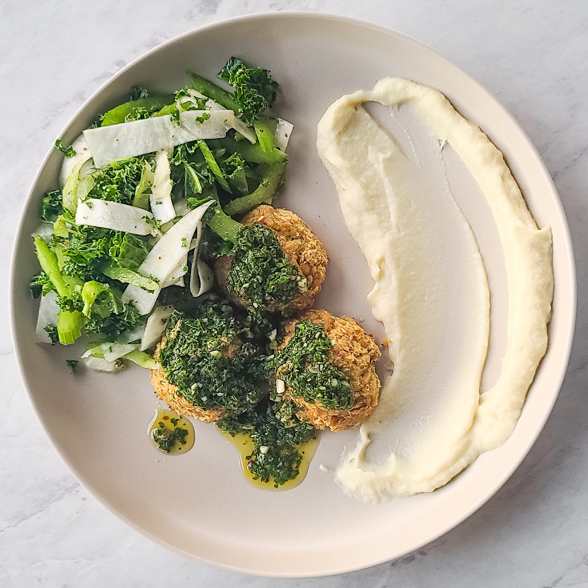 Chickpea “Meatballs” with Italian Salsa Verde, Celeriac Parsnip Puree, and Celery Kale Salad