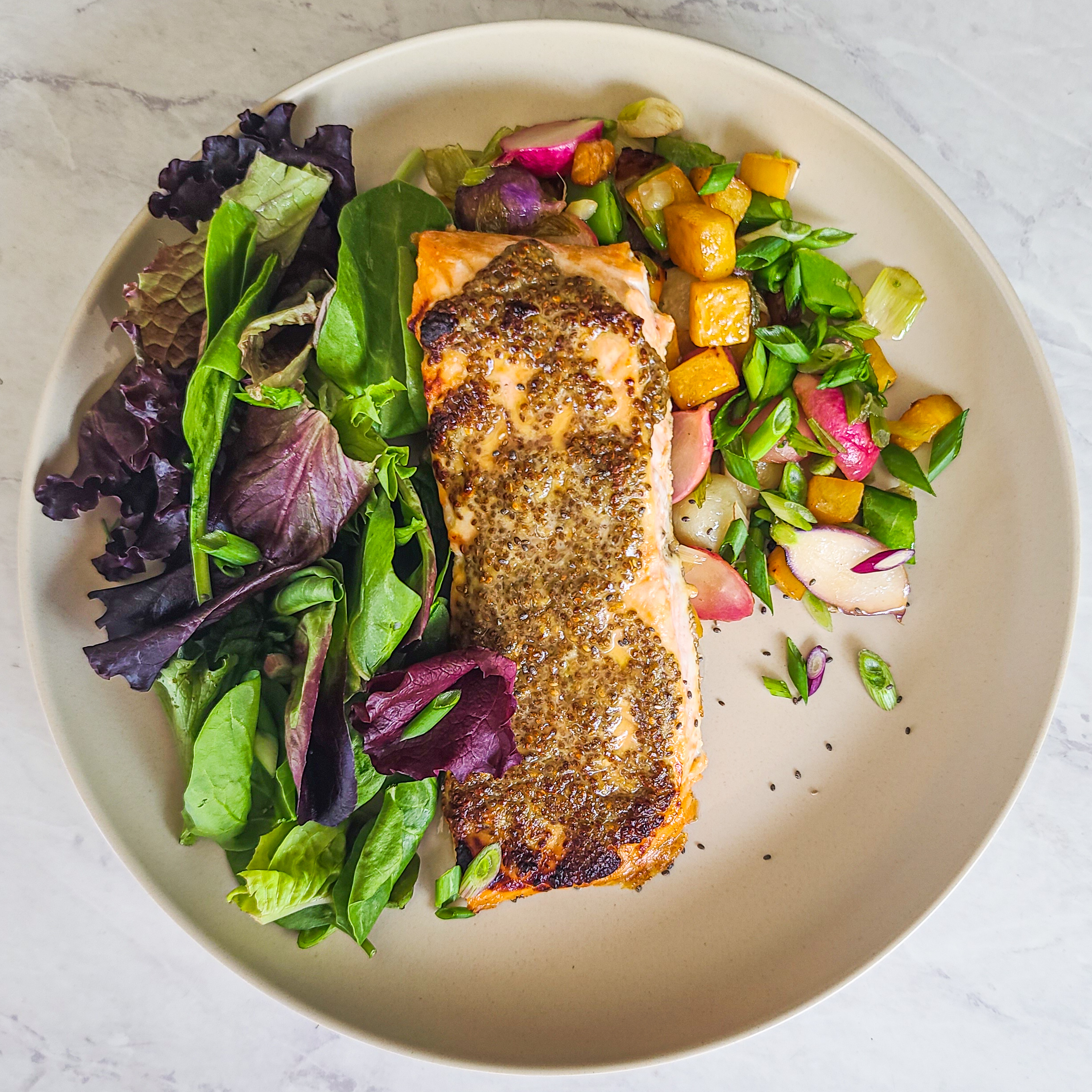 Chia Za’atar Crusted Miso Salmon with Sautéed Spring Vegetables