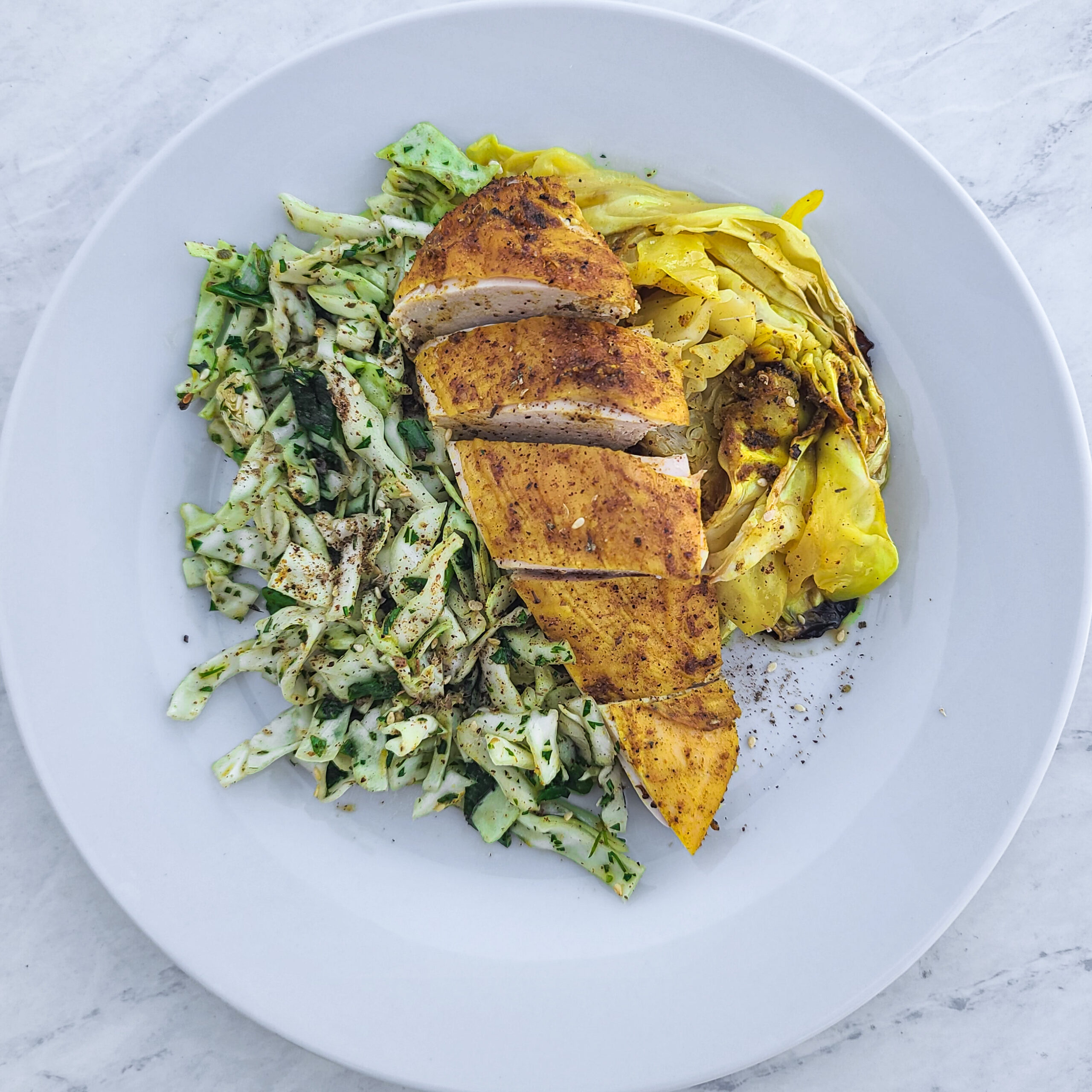 Roast Chicken with Cabbage and Herbed Slaw