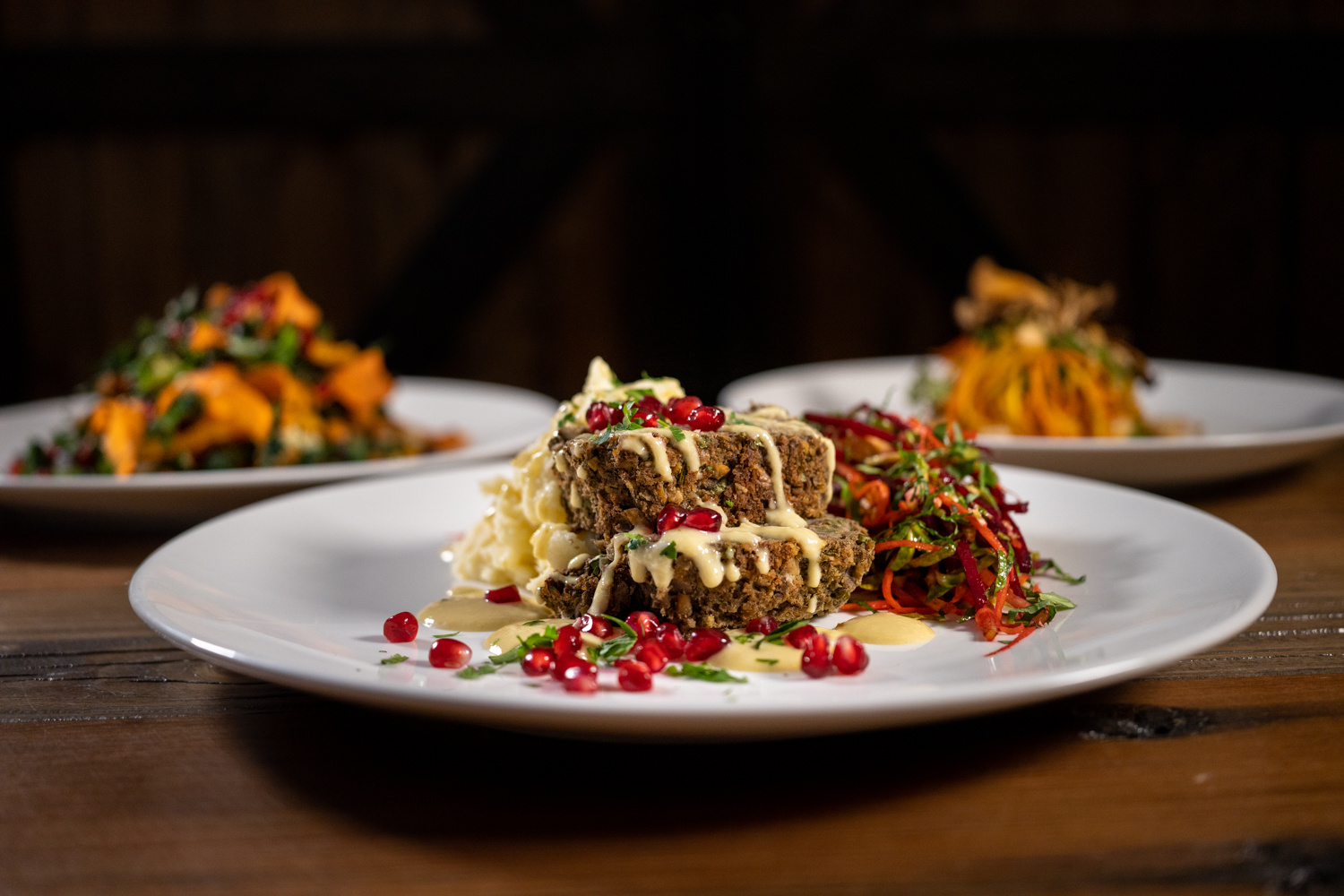 Mushroom Chickpea Loaf with Tahini Drizzle, Parsnip Puree, and Beet Slaw