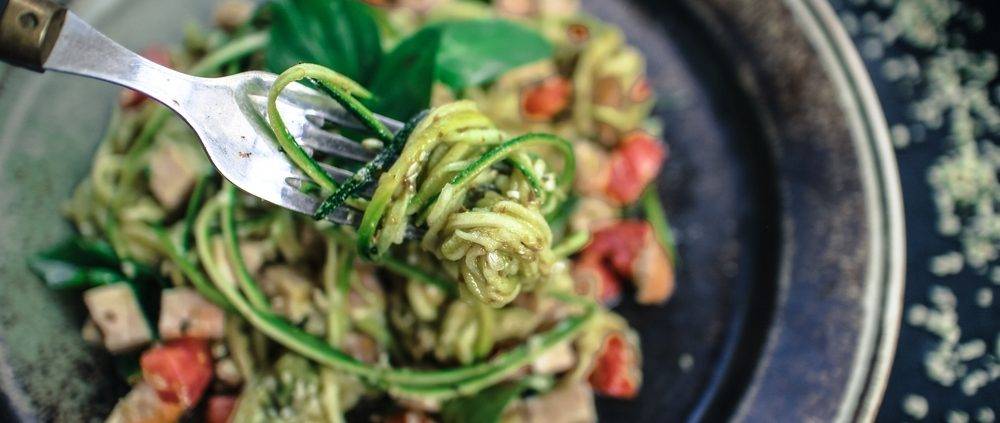 Chef Simon Vine makes rutabaga spaghetti with tempeh-almond ‘meatballs’ and a tomato-cashew rosee sauce at Mountain Trek