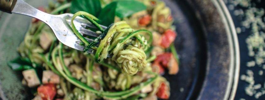 Chef Simon Vine makes rutabaga spaghetti with tempeh-almond ‘meatballs’ and a tomato-cashew rosee sauce at Mountain Trek